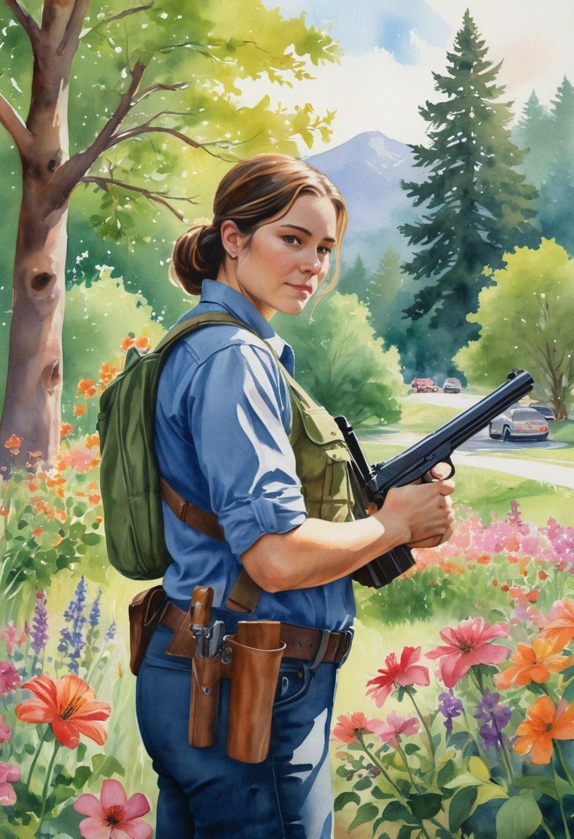 A heartfelt scene depicting a responsible gun owner gently cradling a firearm, surrounded by nature showcasing blooming flowers and vibrant greenery. In the background, a diverse community engaged in a safety training session, symbolizing advocacy and education. Soft, warm lighting creates an inviting atmosphere, with the owner showcasing a balance of passion and care. watercolor painting. vibrant colors. natural setting.