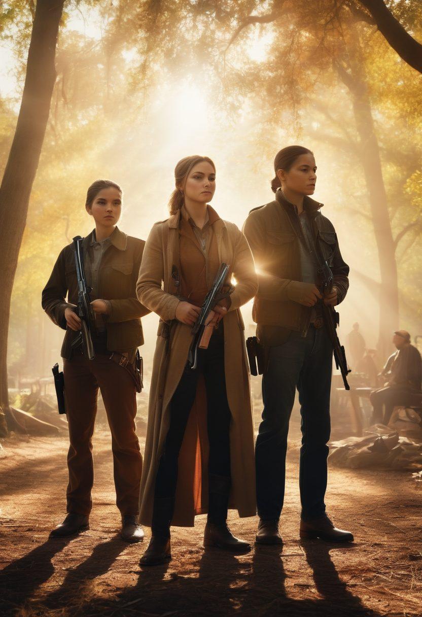 A powerful scene depicting a diverse group of people standing confidently with their firearms, showcasing affection and unity. The backdrop features a serene community gathering, emphasizing freedom and protection. Sunlight filters through trees, symbolizing hope and safety, while soft expressions convey their caring nature for one another. The image should capture the essence of responsible gun ownership intertwined with community values. super-realistic. warm colors. peaceful atmosphere.