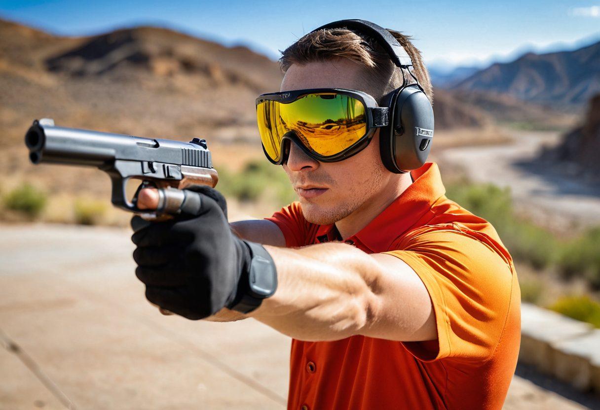 A passionate gun enthusiast at a shooting range, safely handling a firearm with a focus on proper safety gear (ear protection, goggles). In the background, a serene landscape contrasts the intensity of the activity, symbolizing balance. The scene captures both enthusiasm and caution, with vibrant colors highlighting safety regulations in an artistic way. super-realistic. vibrant colors. natural background.